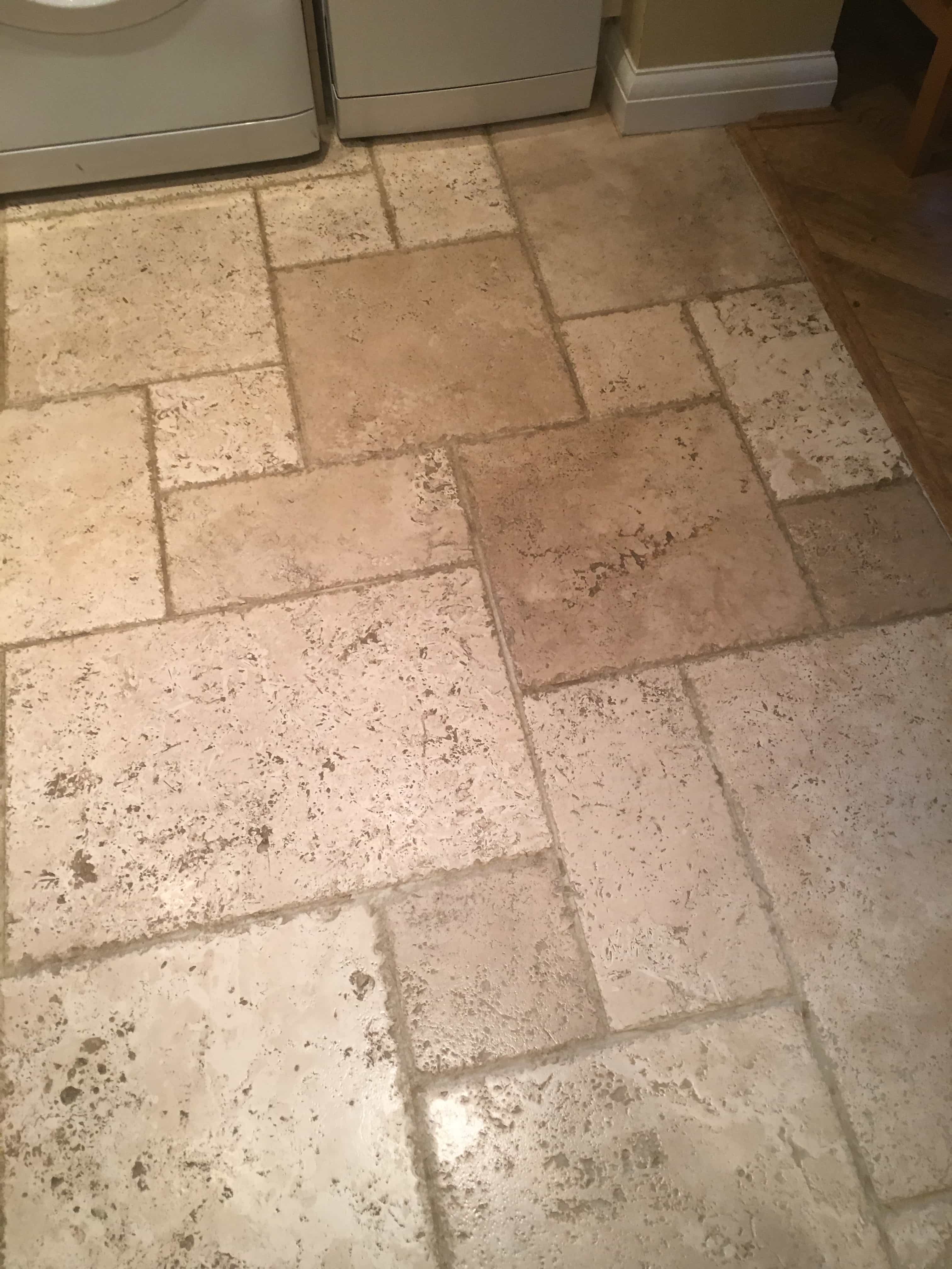 Tumbled Travertine Kitchen Floor Before Cleaning Godstone