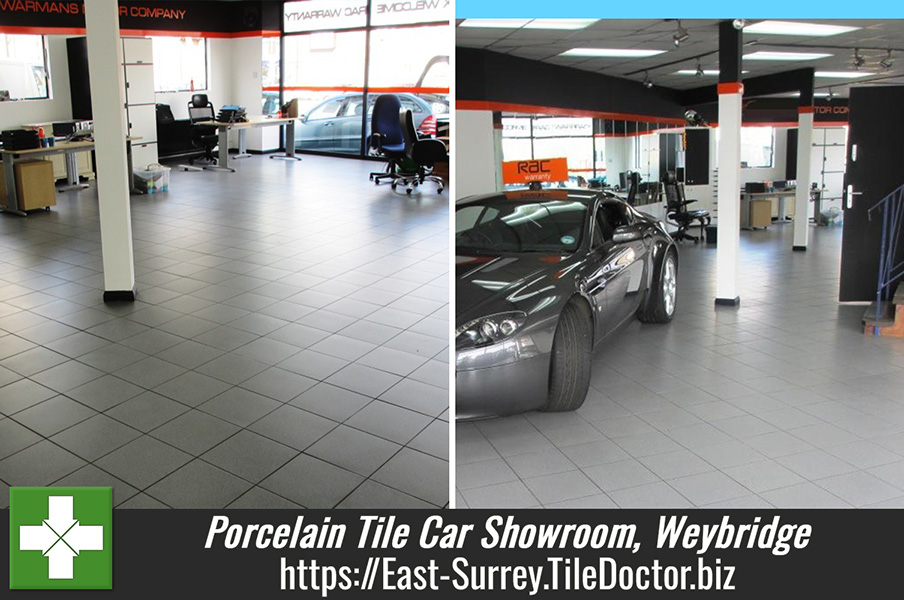 Porcelain tile cleaning in a Car Showroom, Weybridge