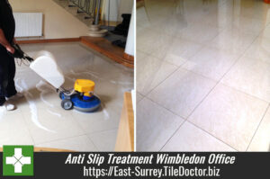 Applying Anti Slip Treatment to Porcelain tiles in Wimbledon Office