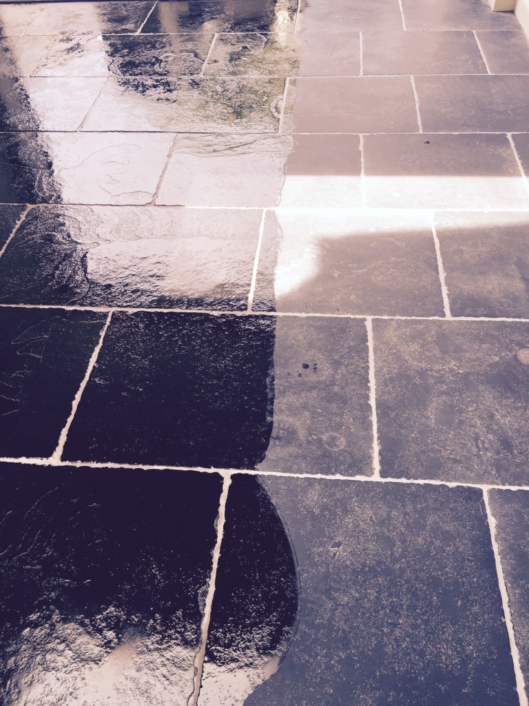 Black Limestone Tile Adding Stone Oil in Wimbledon