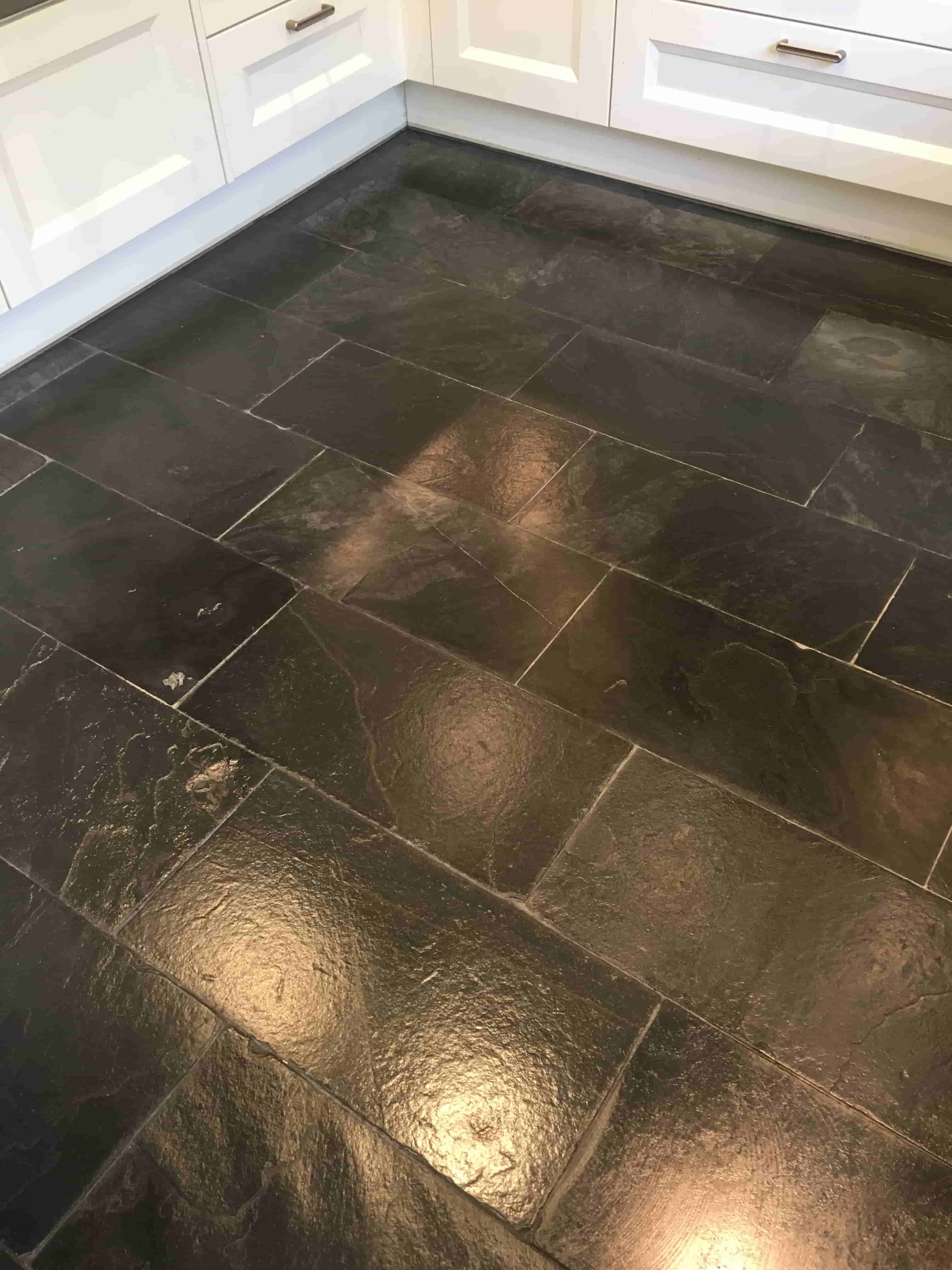 Stained Black Slate Kitchen Floor After Cleaning Sealing Charlwood